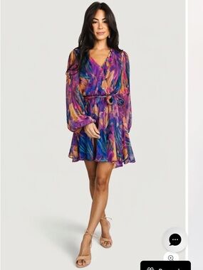 Baltic Born Multicolor Feather-Print V-Neck Long-Sleeve Mini Dress